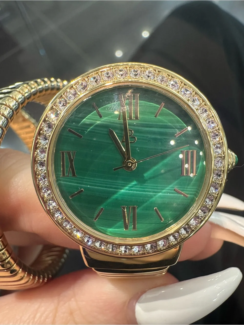 NEW Colleen Lopez gold-tone crystal bezel tubogas coil watch w/ green malachite
